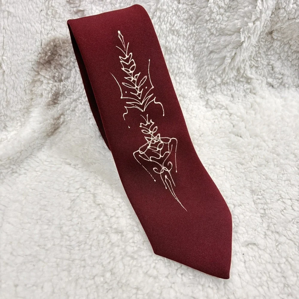 Vtg Mirrored Signature Necktie Burgundy Hand‎ Painted Script Poly 40s 50s 57x3